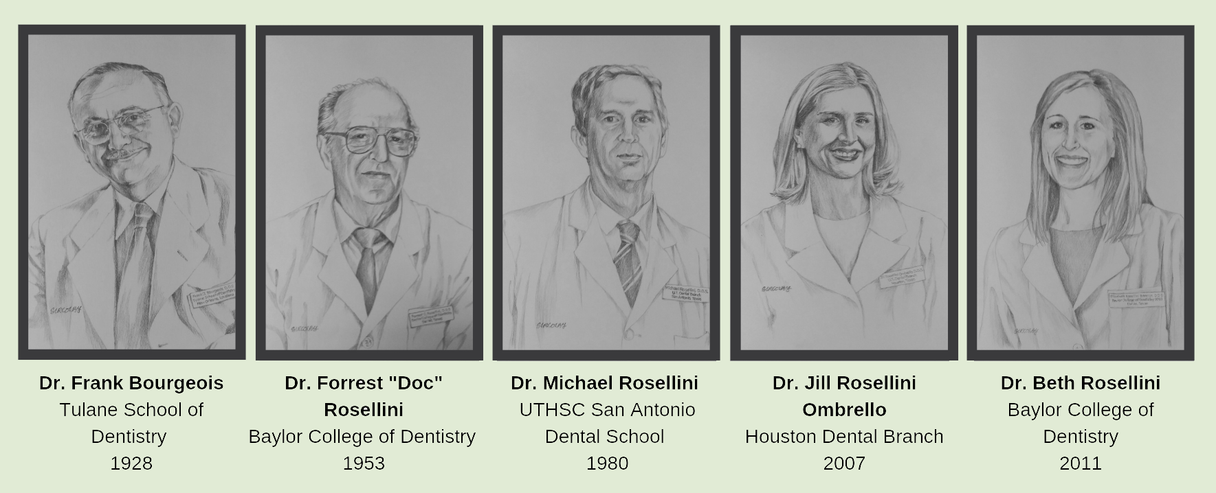 Four generations of the Rosellini family in dentistry — Dr. Frank Bourgeois (1928), Dr. Forrest 'Doc' Rosellini (1953), Dr. Michael Rosellini (1980), Dr. Jill Rosellini Ombrello (2007), and Dr. Beth Rosellini (2011)